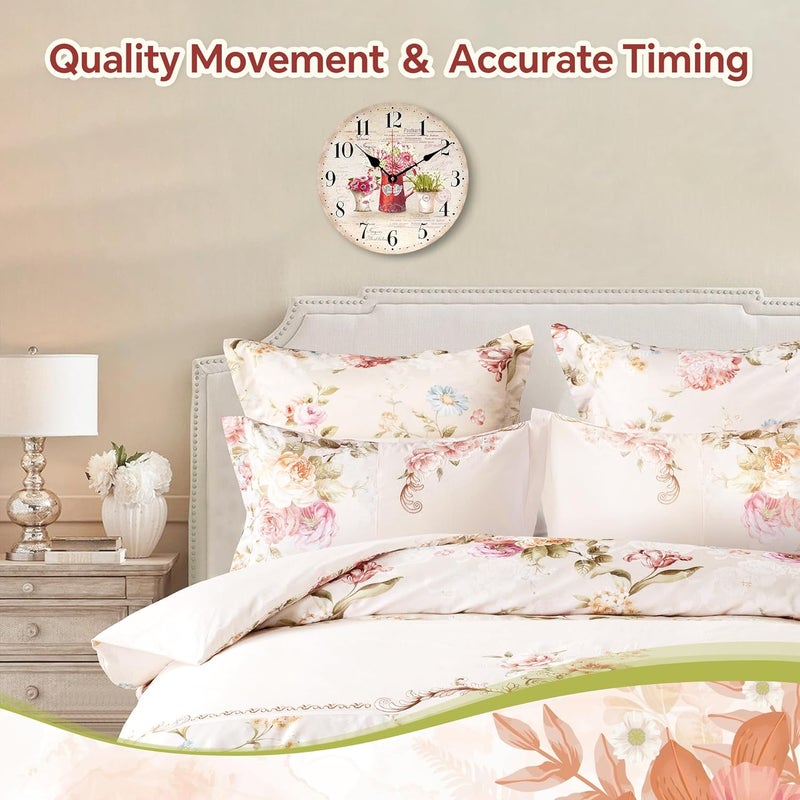 TAHEAT ساعة حائط 8 بوصة بنقوش نباتات وزهور، ساعات مطبخ صغيرة قديمة على طراز شابي شيك غير تقليدية، ساعات حائط ريفية كلاسيكية للصالة/غرفة النوم/الحمام/المكتب - Image 4