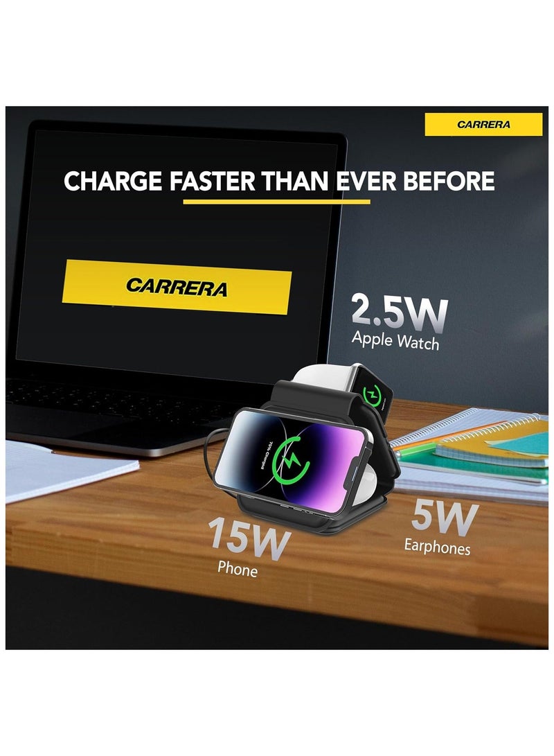 Carrera شاحن لاسلكي قابل للطي 3 في 1 كارييرا CWC-235، شحن سريع مغناطيسي 15 واط للهاتف، 2.5 واط لسماعة الأذن، 2.5 واط للساعة، كابل نوع C متضمن، متوافق مع Mag Safe وأجهزة متعددة - Image 3