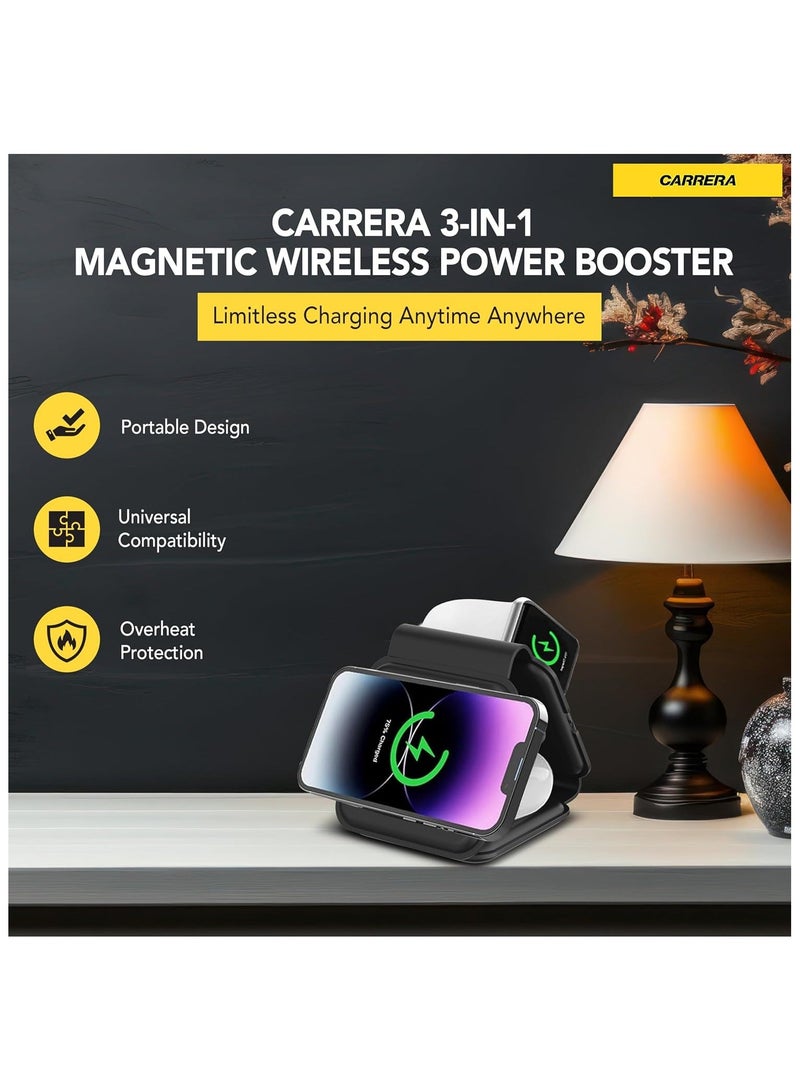 Carrera شاحن لاسلكي قابل للطي 3 في 1 كارييرا CWC-235، شحن سريع مغناطيسي 15 واط للهاتف، 2.5 واط لسماعة الأذن، 2.5 واط للساعة، كابل نوع C متضمن، متوافق مع Mag Safe وأجهزة متعددة - Image 2
