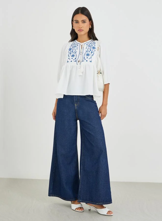 Styli Styli Embroidered Tie-Up Neck Balloon Sleeve Blouse