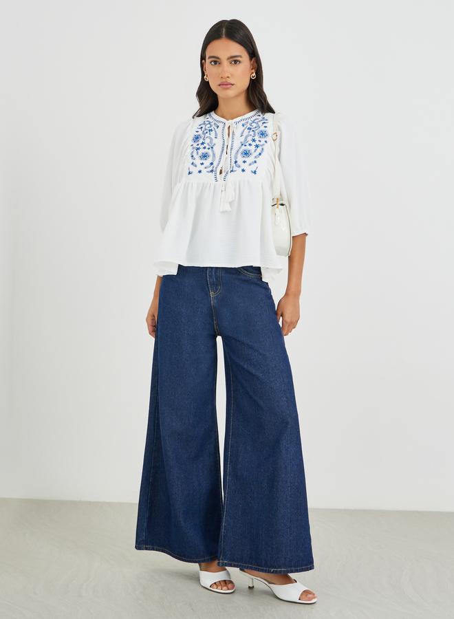 Styli Embroidered Tie-Up Neck Balloon Sleeve Blouse - Image 3