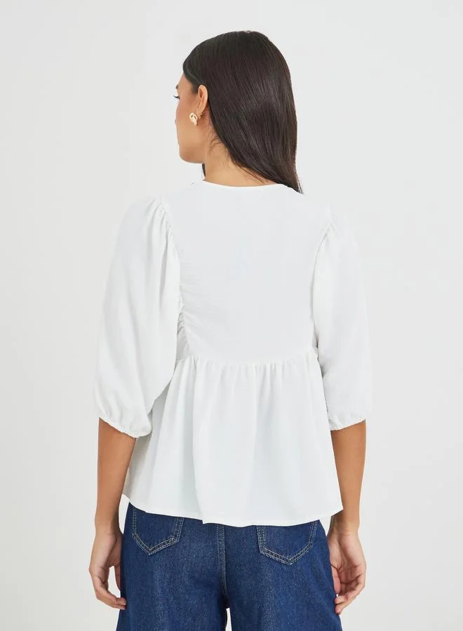 Styli Styli Embroidered Tie-Up Neck Balloon Sleeve Blouse