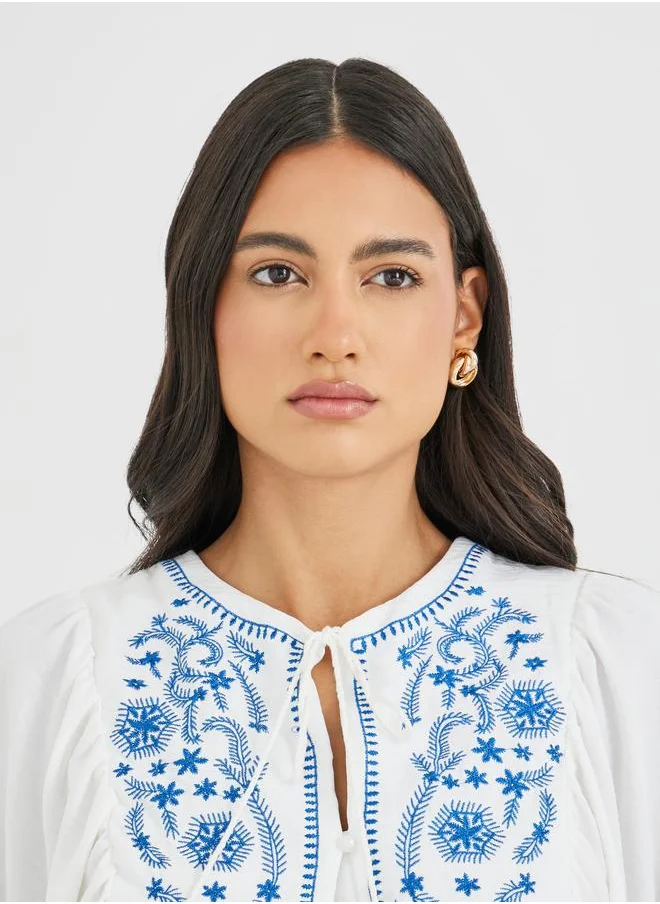Styli Styli Embroidered Tie-Up Neck Balloon Sleeve Blouse