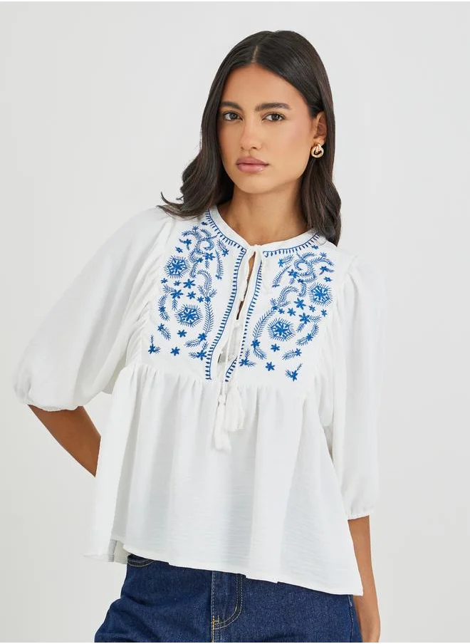 Styli Styli Embroidered Tie-Up Neck Balloon Sleeve Blouse