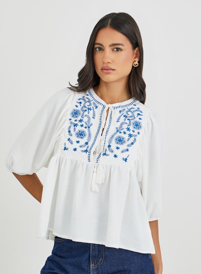 Styli Embroidered Tie-Up Neck Balloon Sleeve Blouse - Image 1