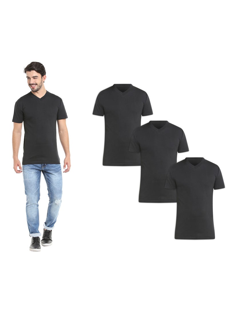 BYC MEN'S V-NECK COTTON T-SHIRT (PACK OF 3) - BLACK  - Image 1