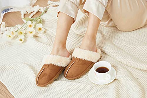 CLPP'LI Womens Slip on Faux Fur Warm Winter Mules Fluffy Suede Comfy Slippers-Tan-11 - Image 4