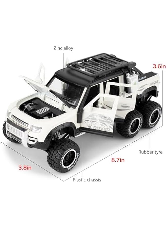 Toy Car Compatible for 1:24 Land Rover Defender Six Wheels Off Road Pickup Car Model, Pull Back Diecast Truck Collectible Truck with Sounds ＆ Lights for Kids Boys Girls and Adults, Gift (White) - Image 2