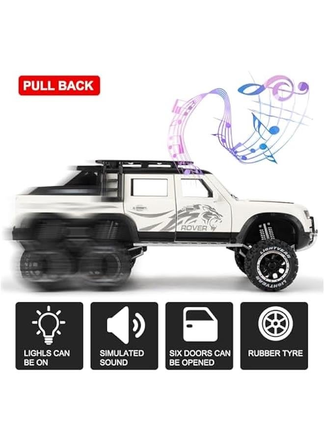 Toy Car Compatible for 1:24 Land Rover Defender Six Wheels Off Road Pickup Car Model, Pull Back Diecast Truck Collectible Truck with Sounds ＆ Lights for Kids Boys Girls and Adults, Gift (White) - Image 3