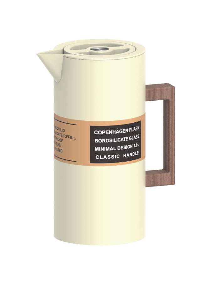 GAZELLA Stainless Steel Tea/Coffee Flask 1.0 Liter Off White/Brown, Borosilicate Glass Inside - Image 1