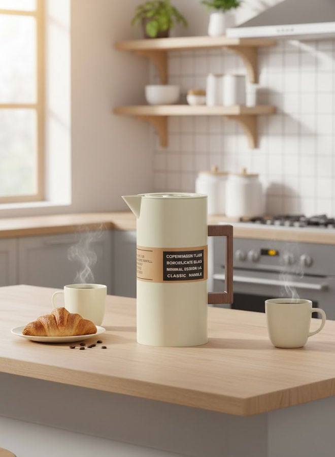 GAZELLA Stainless Steel Tea/Coffee Flask 1.0 Liter Off White/Brown, Borosilicate Glass Inside - Image 2