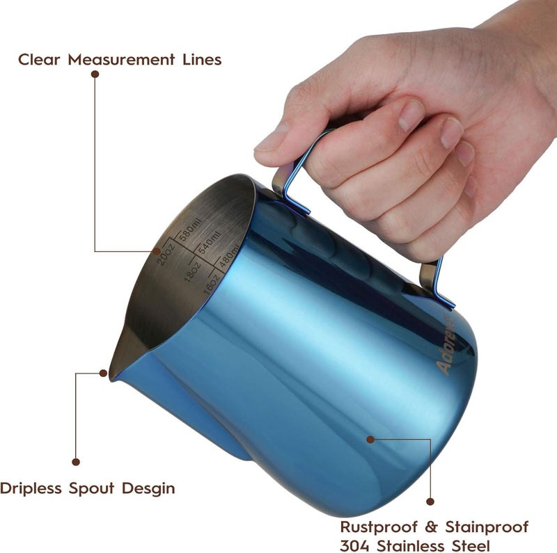 Adorever Milk Frothing Pitcher, 600ml (20oz) Steaming Pitchers Stainless Steel Milk Coffee Cappuccino Latte Art Barista Steam Pitchers Milk Jug Cup with Decorating Art Pen, Blue Sand resistant - Image 2