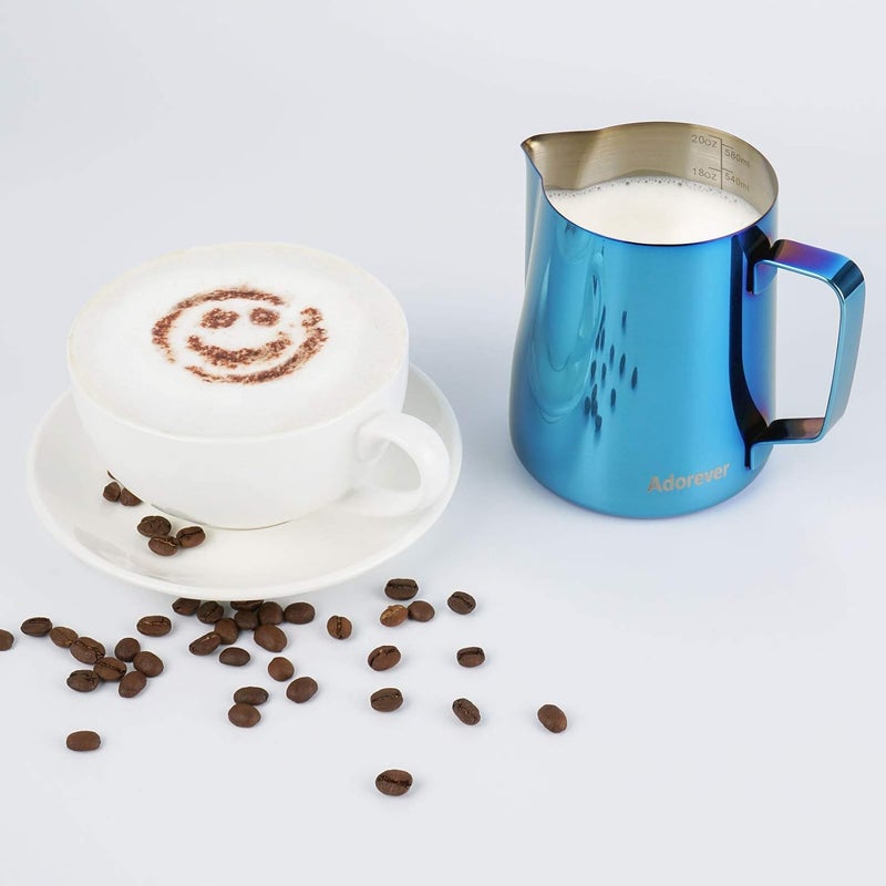 Adorever Milk Frothing Pitcher, 600ml (20oz) Steaming Pitchers Stainless Steel Milk Coffee Cappuccino Latte Art Barista Steam Pitchers Milk Jug Cup with Decorating Art Pen, Blue Sand resistant - Image 3