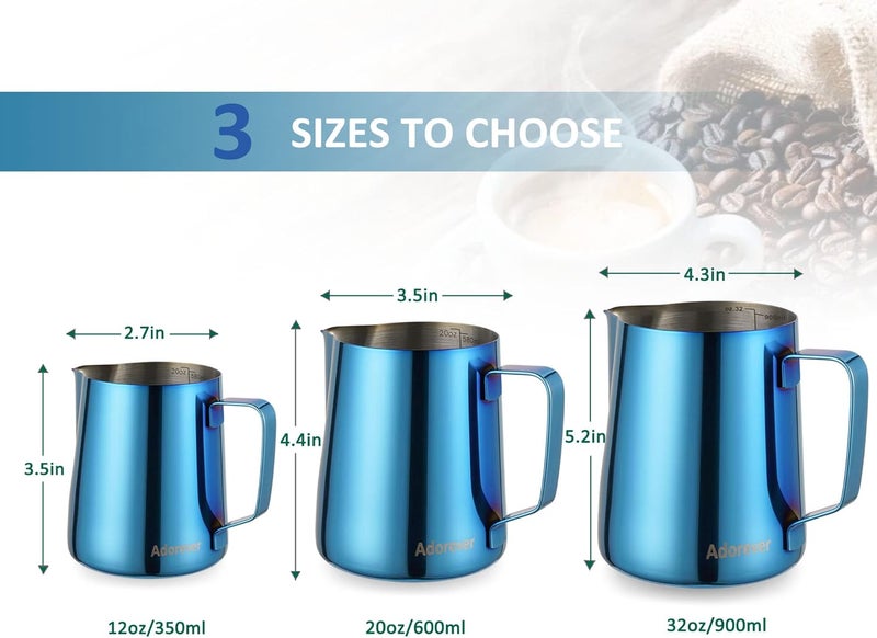 Adorever Milk Frothing Pitcher, 600ml (20oz) Steaming Pitchers Stainless Steel Milk Coffee Cappuccino Latte Art Barista Steam Pitchers Milk Jug Cup with Decorating Art Pen, Blue Sand resistant - Image 4