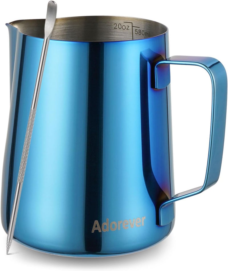 Adorever Milk Frothing Pitcher, 600ml (20oz) Steaming Pitchers Stainless Steel Milk Coffee Cappuccino Latte Art Barista Steam Pitchers Milk Jug Cup with Decorating Art Pen, Blue Sand resistant - Image 1
