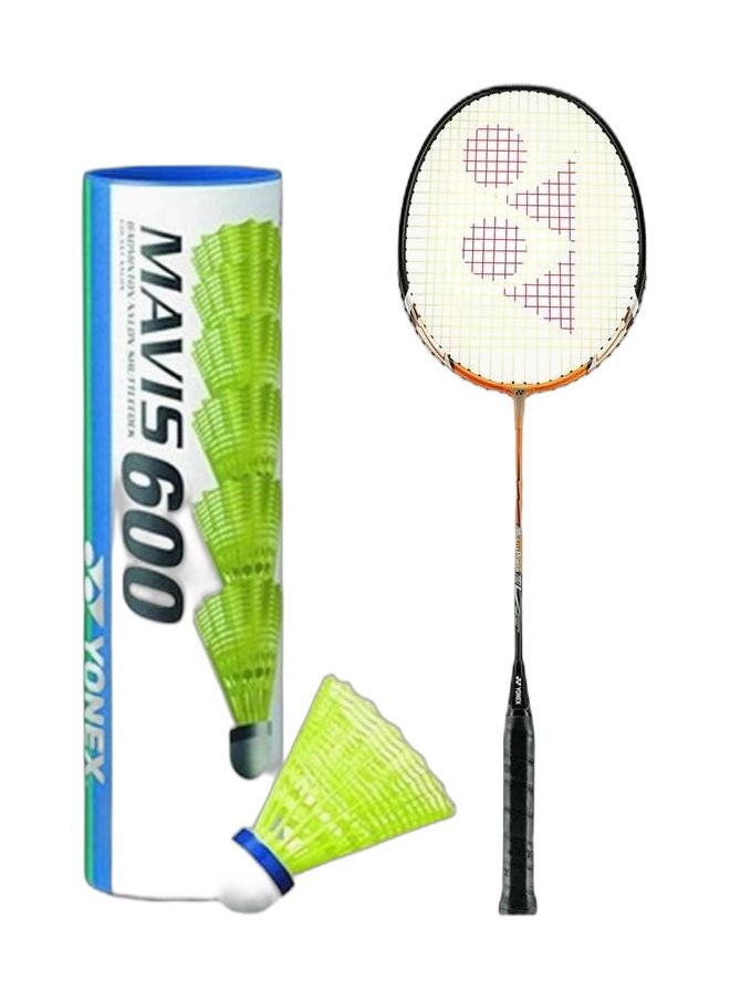 Yonex Muscle Power 2 Orange Strung Badminton Racquet + Mavis 600 Blue Cap Medium Badminton Shuttlecock 6 Pack, Yellow Pack  - Image 1