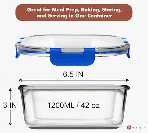 Razab 2 PC 1200ML / 41 Oz Glass Food Storage Containers with Lids - Airtight & Leakproof - Microwave/Oven/Freezer Safe - BPA Free - Ideal for Meal Prep, Storing Leftover & Lunch - Image 2