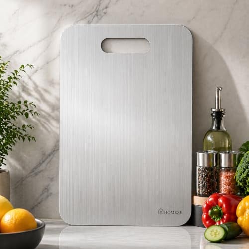 HOMEZE 304 Stainless Steel Chopping Board with Handle 35 x 25 cm | Double-Sided Non-Stick Cutting & Dough Kneading Board | Rust Free, Food-Grade, Heavy-Duty, Dishwasher Safe Premium Kitchen Board - Image 1