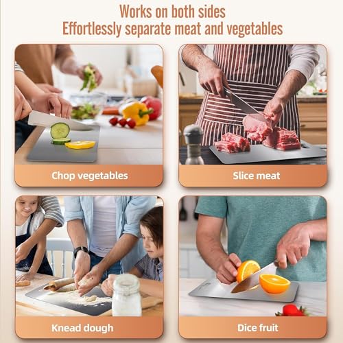 HOMEZE 304 Stainless Steel Chopping Board with Handle 35 x 25 cm | Double-Sided Non-Stick Cutting & Dough Kneading Board | Rust Free, Food-Grade, Heavy-Duty, Dishwasher Safe Premium Kitchen Board - Image 3