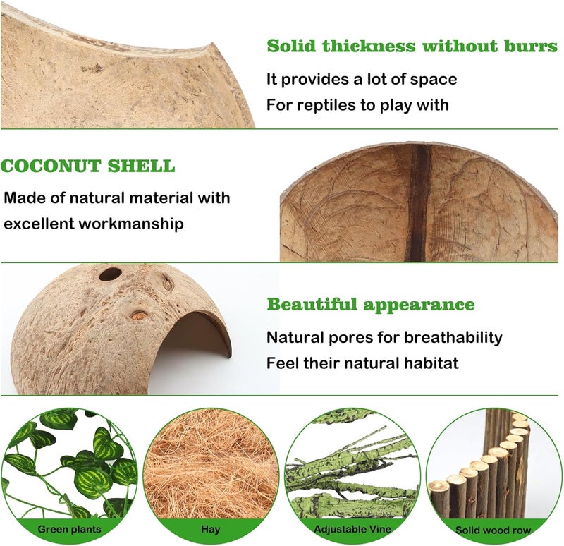 QUOZUO Crested Gecko Tank Accessories, Reptile Climbing Vines Hanging Plants with Coconut Shells Bridge Hideout Hermit Crab Decor for Bearded Dragon Lizard Chameleon Gecko Turtle Snake - Image 4