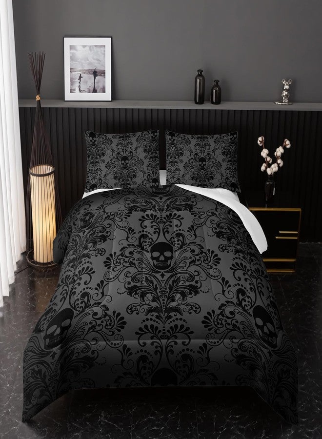 Nttopship Adults Black Gothic Comforter Set King Size,Vintage Damask Floral Bedding Set 3Pcs,Bohemia Bedding Set Goth Skull Printed Quilted Set for Teens Adult with 1 Comforter and 2 Pillowcase - Image 1