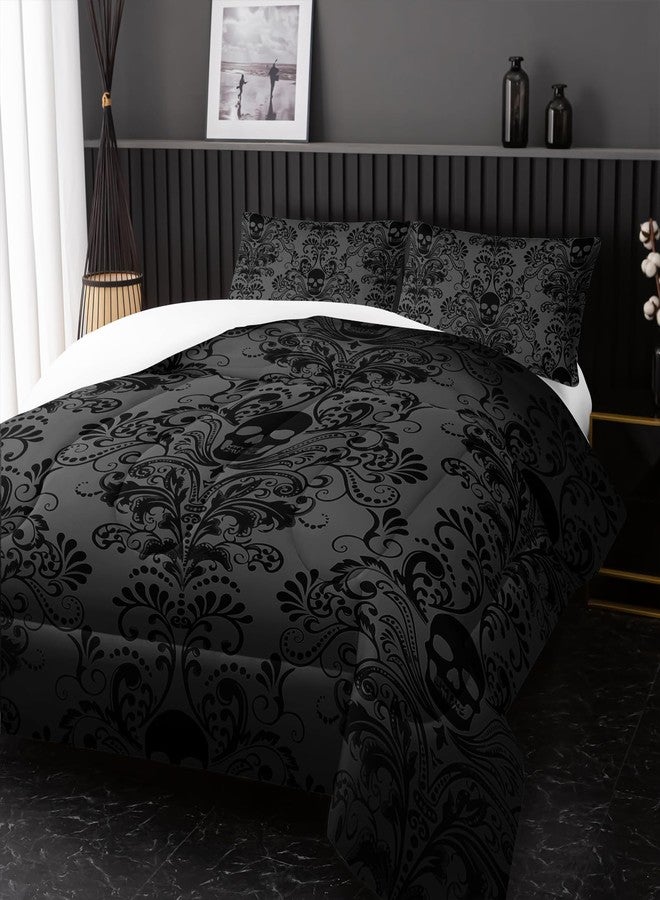 Nttopship Adults Black Gothic Comforter Set King Size,Vintage Damask Floral Bedding Set 3Pcs,Bohemia Bedding Set Goth Skull Printed Quilted Set for Teens Adult with 1 Comforter and 2 Pillowcase - Image 5