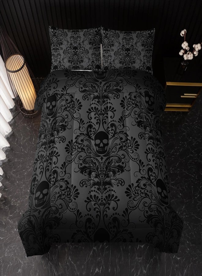 Nttopship Adults Black Gothic Comforter Set King Size,Vintage Damask Floral Bedding Set 3Pcs,Bohemia Bedding Set Goth Skull Printed Quilted Set for Teens Adult with 1 Comforter and 2 Pillowcase - Image 3