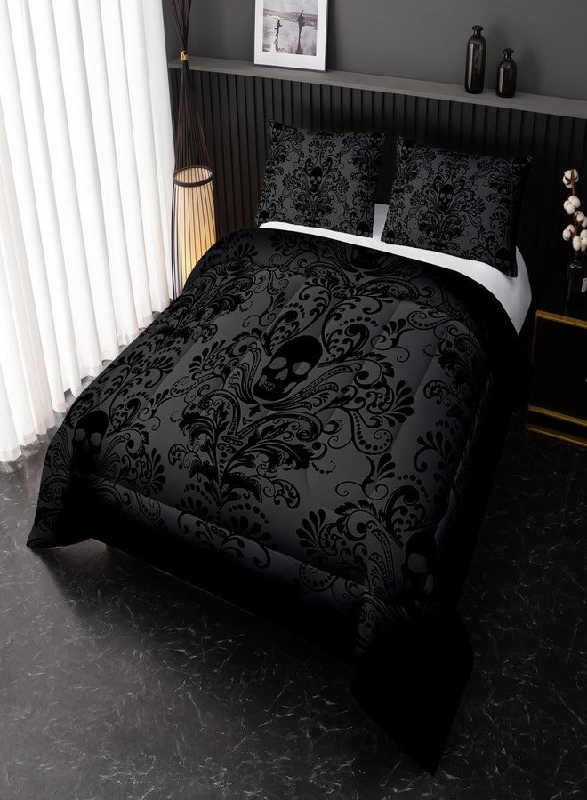 Nttopship Adults Black Gothic Comforter Set King Size,Vintage Damask Floral Bedding Set 3Pcs,Bohemia Bedding Set Goth Skull Printed Quilted Set for Teens Adult with 1 Comforter and 2 Pillowcase - Image 2