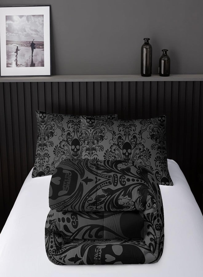 Nttopship Adults Black Gothic Comforter Set King Size,Vintage Damask Floral Bedding Set 3Pcs,Bohemia Bedding Set Goth Skull Printed Quilted Set for Teens Adult with 1 Comforter and 2 Pillowcase - Image 4
