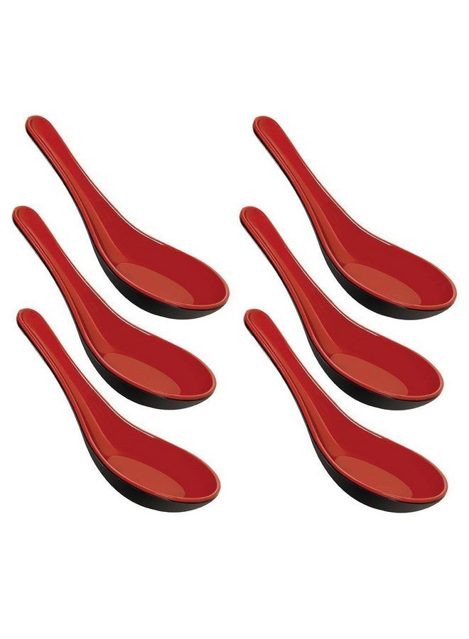 Happy Sales Melamine Soba, Rice Spoons, Chinese Won Ton Soup Spoon, Asian Red and Black, 6 Pack Plain Style - Image 1