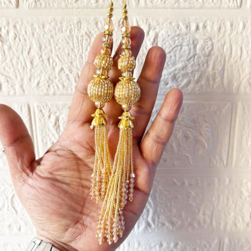 Adikala Craft Store Handmade Ethnic Cutdana Latkan Tassel Set of 2 for Saree Pallu, Blouse, Suits, Dupatta, Lehenga Decor, DIY Art & Crafts (Golden Nalki) - Image 1
