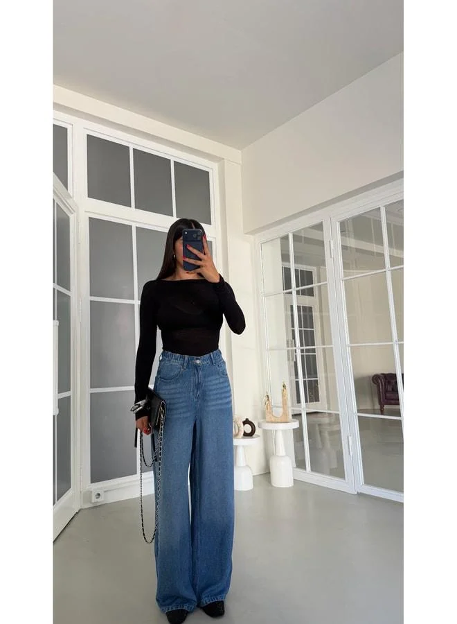 Blue Elastic Waist Wide-Leg Jeans GAUS-01876.