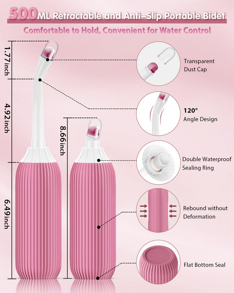 ELECTOMANIA® 500ML Bidet Portable, Bidet Spray for Travel with Angled Nozzle Spray, Retractable Handheld Bidet Spray Portable of Antislip with Travel Bag (Pink) - Image 3