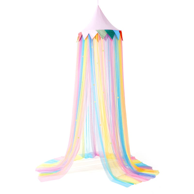 LOAOL Rainbow Princess Bed Canopy for Girls  Fairy Dream Playhouse with Rainbow Color Hanging Net Pink Round Dome for Reading Nook  Bedroom Decor Toddler Crib Canopy with Stars