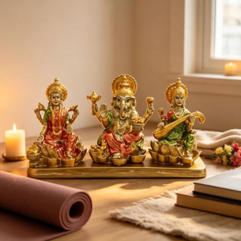 Hindu Lakshmi Ganesha Saraswati Statue - Laxmi Ganesh Idol for Car Dashboard Decor Home Temple Mandir Pooja Item Indian Puja Item Diwali Gift Meditation Yoga Altar Decoration - Image 2