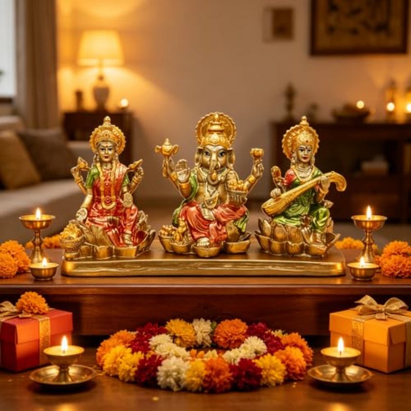 Hindu Lakshmi Ganesha Saraswati Statue - Laxmi Ganesh Idol for Car Dashboard Decor Home Temple Mandir Pooja Item Indian Puja Item Diwali Gift Meditation Yoga Altar Decoration - Image 1
