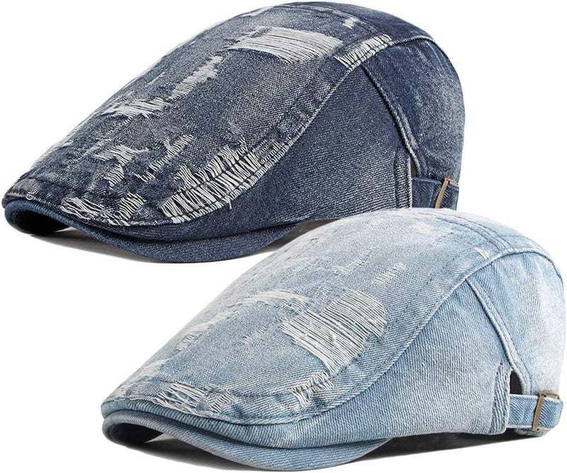 Qunson 2 Pack Mens Denim Cotton Newsboy Cap Ivy Gatsby Driving Hunting Cabbie Hats - Image 1