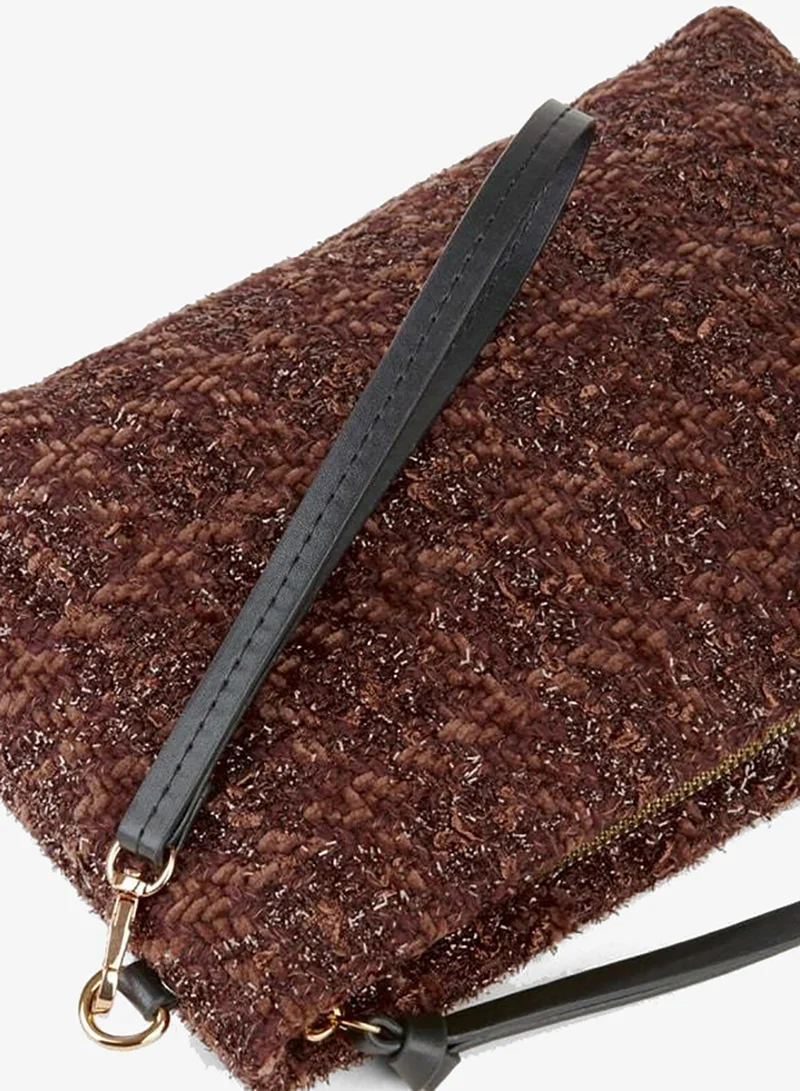 Women's Bellis Tweed Fabric Dark Coffee Lined Synthetic Leather Wrist Strap Portfolio Hand and Clutch Bag.