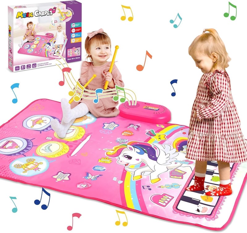 3 in 1 Piano Drum Baby Activity Mat, Unicorn Pink, Interactive Musical Floor Mat with Piano and Drum Keyboard, Educational Unicorn Design for Girls - Image 1