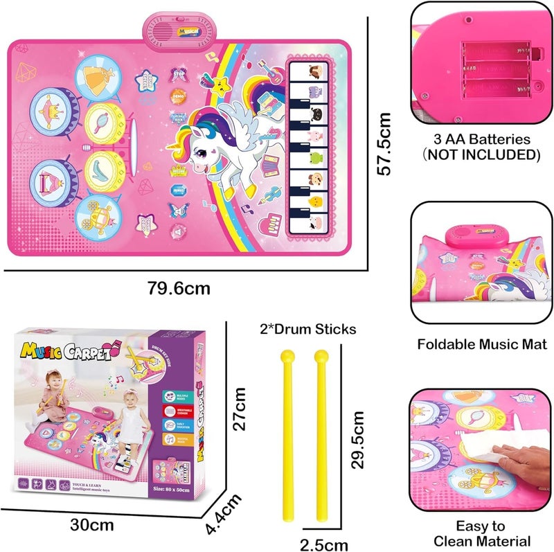 3 in 1 Piano Drum Baby Activity Mat, Unicorn Pink, Interactive Musical Floor Mat with Piano and Drum Keyboard, Educational Unicorn Design for Girls - Image 3