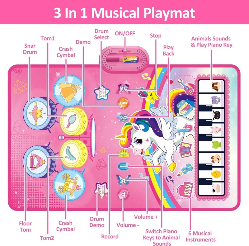 3 in 1 Piano Drum Baby Activity Mat, Unicorn Pink, Interactive Musical Floor Mat with Piano and Drum Keyboard, Educational Unicorn Design for Girls - Image 2