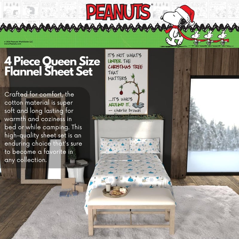 Franco Peanuts Snoopy Puffer Coat Holiday & Christmas Bedding Super Soft 100% Cotton Flannel Sheet Set  Queen  (Officially Licensed Product) - Image 3