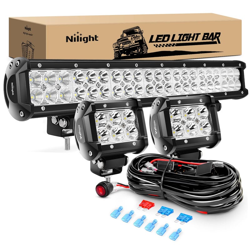 Nilight ZH002 20Inch 126W Spot Flood Combo Off Road Led Light Bar 2PCS 18w 4Inch LED Pods With 16AWG Wiring Harness Kit3 Lead For Tractor 2 Years Warranty