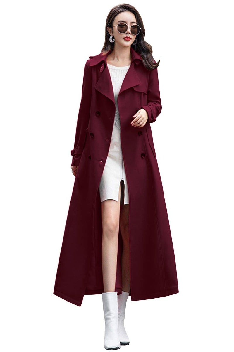 ebossy Womens Double Breasted Duster Trench Coat Slim Full Length Maxi Long Overcoat Small Wine red