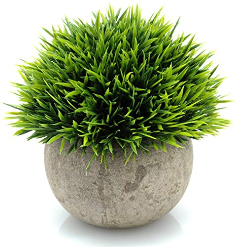 Velener Mini Plastic Fake Green Grass Plant with Pot, Topiary Ball, Small Fake Plant, Round Paper-Mache Pot for Indoor Office, Kitchen, Bathroom and Living Room Decor - Image 1