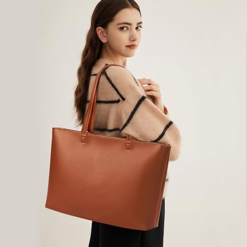 KALIDI FANCY FOREST KALIDI Tote Bag Zipper Shoulder Bag Faux Leather Purses for Women Large Casual Handbag Work Dating College, Brown - Image 2