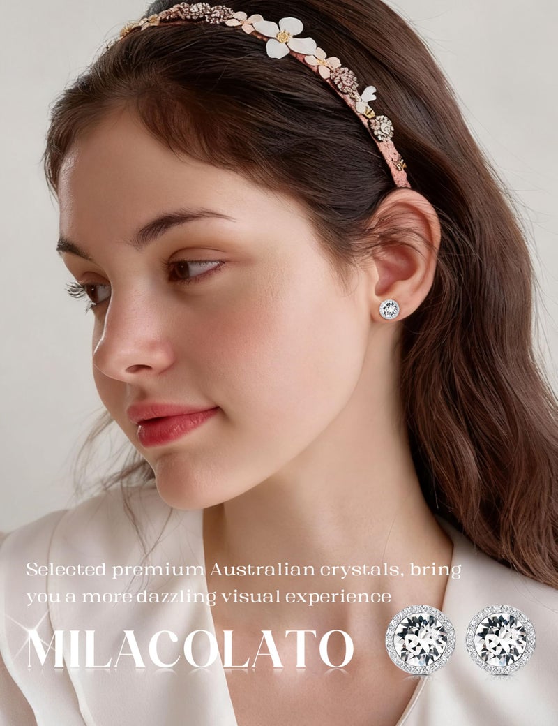 MILACOLATO Dance Competition Earrings Hypoallergenic Sterling Silver Post Rhinestone Earrings for Women 10mm Halo Crystal Stud Earrings for Stage Opera Performance Wedding Bridal Earrings White - Image 3