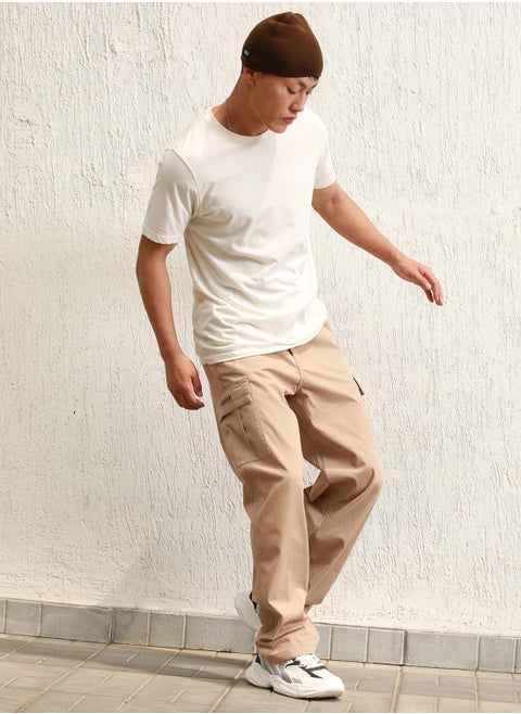 Men's Taupe Cotton Blend Solid Pattern Full Length Cargo Relaxed Trouser