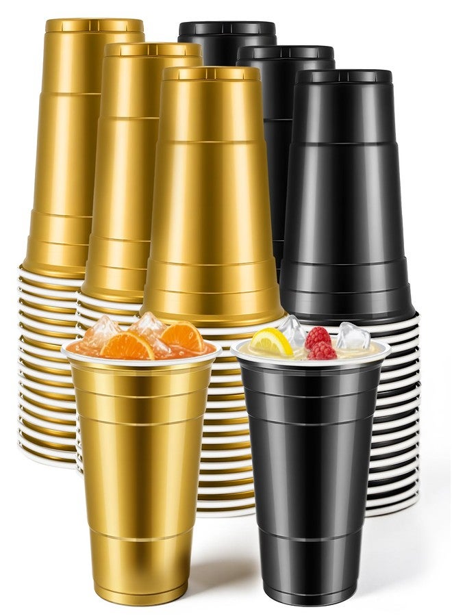 SHENLIU 100 Pcs 16 oz Plastic Cups Graduation Cups Black and Gold Cup Disposable Party Cups Bulk for Party Picnics Graduation Wedding Birthday Halloween Family Gatherings and Festive Celebrations - Image 1