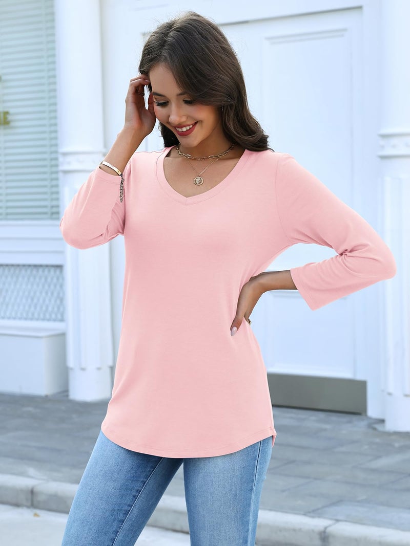 Minetom Women's V Neck 3/4 Sleeve T Shirt Solid Casual Basic Tops Summer Tees - Image 3